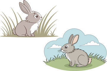 Obraz premium Cartoon Rabbits in Nature Charming & Expressive Wildlife Illustration
