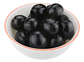 Bowl black natural pitted olives preserved isolated on a transparent background. Completely in focus. Full depth of field. PNG.
