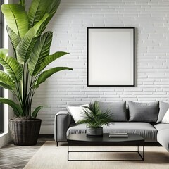 3D rendering of an empty picture frame on the wall in a modern living room with white brick walls