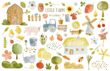 Little Farm – Cute Watercolor Clipart Set with Farm Animals, Barn, Tractor and Countryside Elements. Perfect for kids' designs for nursery decor and children's clothing. Transparent backgroun