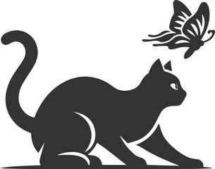 Playful cat with butterfly silhouette vector