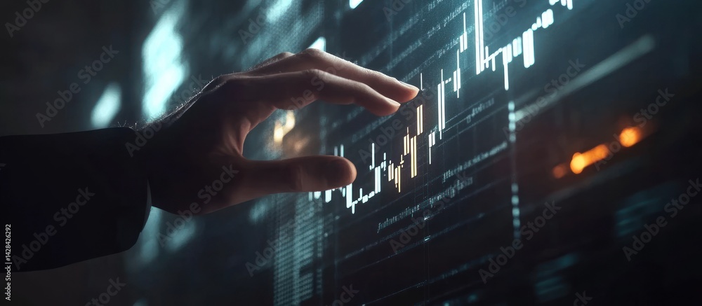 Poster data analysis: a hand interacting with financial charts on a futuristic display