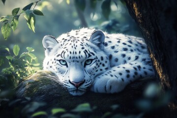 Obraz premium Snow leopard rests on a mossy rock in a tranquil forest setting, its piercing blue eyes gazing serenely