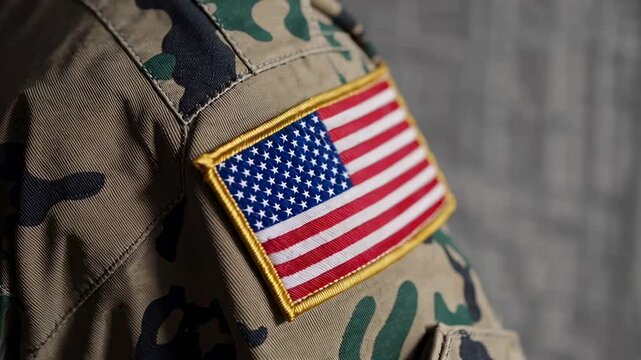 Close up details of an american soldier's camouflage uniform featuring a prominent united states flag patch, symbolizing patriotism and military service