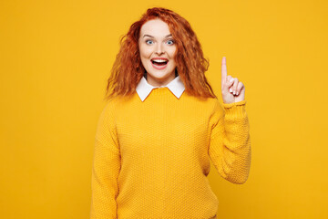 Young insighted smart proactive redhead woman wear sweater white shirt casual clothes holding index...