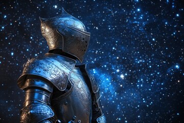 Shimmering knight in ornate armor gazes into the starry night sky with wonder and awe