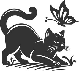 Playful cat with butterfly silhouette vector