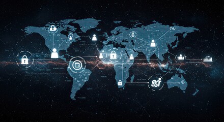World map with digital security icons representing global cybersecurity and network protection.