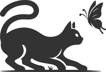 Playful cat with butterfly silhouette vector