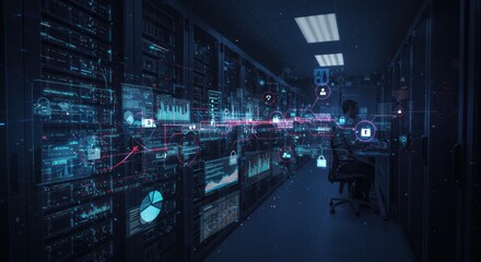 Data center with servers and glowing displays in a dark room.