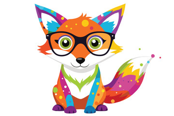 Colorful artistic fox  in colorful paint splatters on white background
