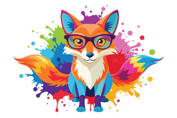 Colorful artistic fox  in colorful paint splatters on white background