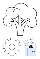 Tree representing growth, gear symbolizing mechanisms, and SCORM box signifying digital learning. Ideal for e-learning, education, technology, innovation, ecology, content management simple landing