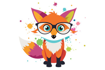 Colorful artistic fox  in colorful paint splatters on white background