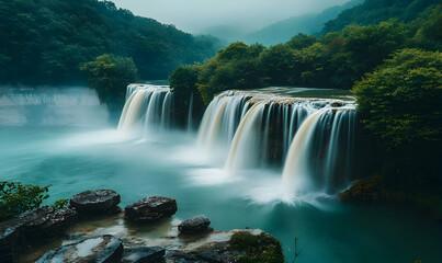 Fototapeta premium Serene Cascading Waterfall in Lush Green Valley