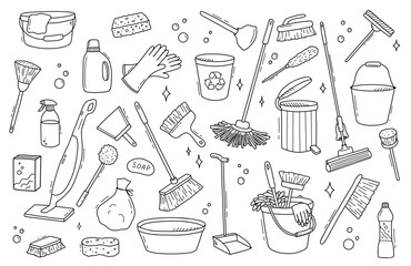 Cleaning service, hand drawn sketch in doodle style. Vector line art illustrations set. Black icon of tool. Sponge, bottle, supplies