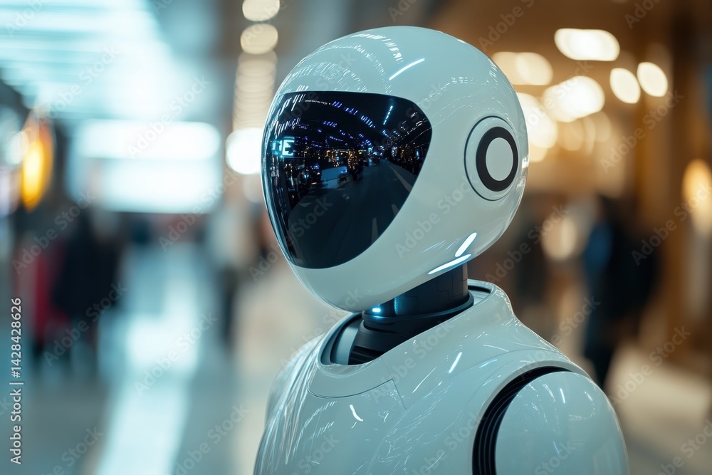 Poster advanced humanoid robot stands in a busy urban environment during evening hours
