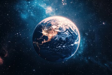 Obraz premium Earth viewed from space showcasing vibrant continents and twinkling city lights at night