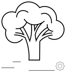 Tree with bold abstract outline and small gear element. Ideal for sustainability, innovation, nature, growth, eco-solutions, progress, and technology themes, flat simple metaphor