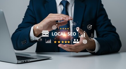 Optimizing localized visibility: Businessman empowering local SEO strategy with digital assets