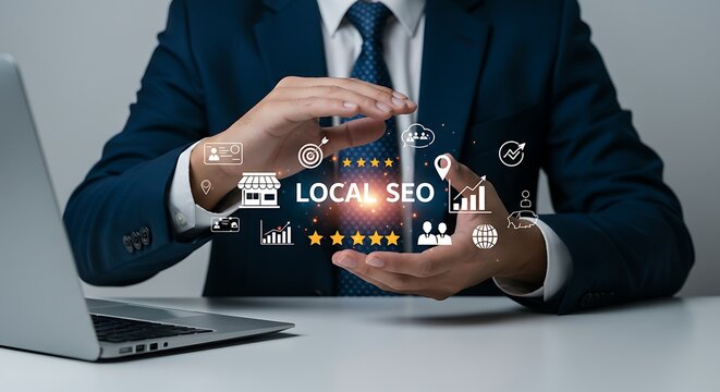 Optimizing localized visibility: Businessman empowering local SEO strategy with digital assets