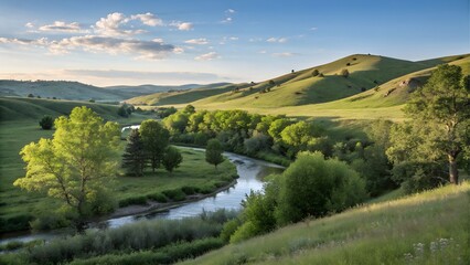 Panoramic summer view of green mountains and valleys under a blue sky with clouds