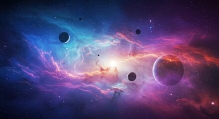 Colorful space nebula with planets and stars cosmic background illustration.