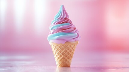 Vibrant pink and blue swirl ice cream cone in a soft focus background.