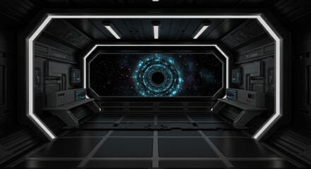 Futuristic spaceship interior with glowing portal or window and dark gray walls.