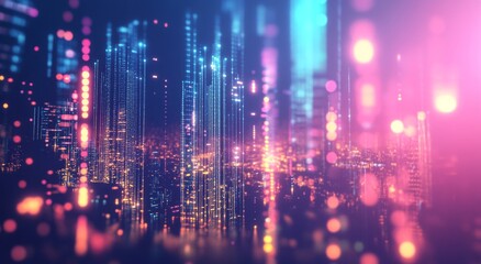 Obraz premium Futuristic city skyline at night, illuminated with vibrant digital lights. Abstract representation of data flow and technology