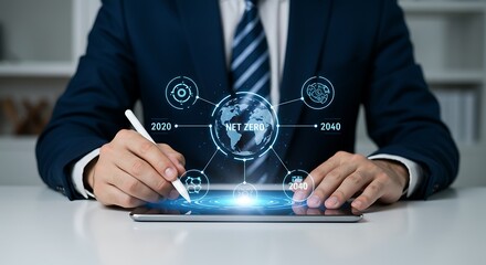 Businessman strategizing net zero emissions goals with digital technology interface
