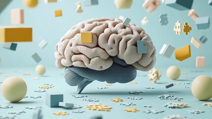A 3D human brain model with floating puzzle pieces and spheres on a light blue background.