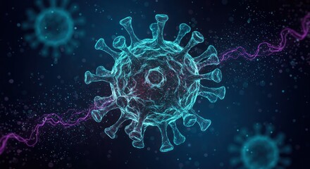 Illustration of virus cells in a dark blue environment with purple lines.