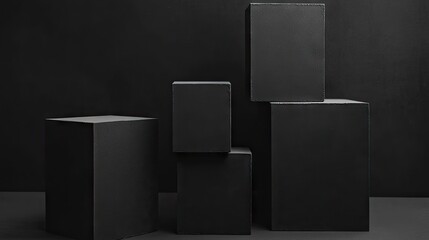 Dark, geometric display cubes against a backdrop.
