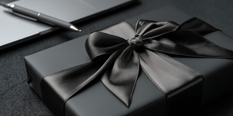 Close-up of dark gray gift box with black ribbon, showcasing elegance and sophistication.  Suggests mystery, luxury, or a special occasion