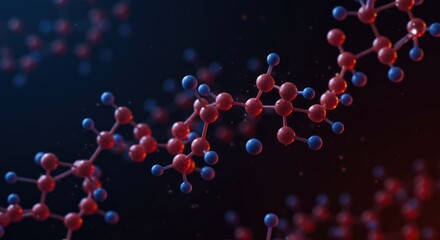 Molecular structure with red atoms and blue bonds on a dark background.