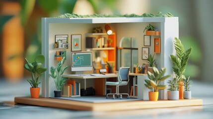 Miniature stylized home office, meticulously detailed.