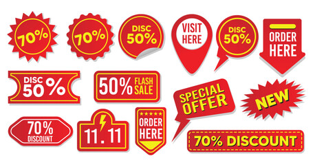 Fototapeta premium Set of colorful labels and stickers displaying discount percentages and promotional phrases for various sales. Ideal for commercial usage and advertisement designs.