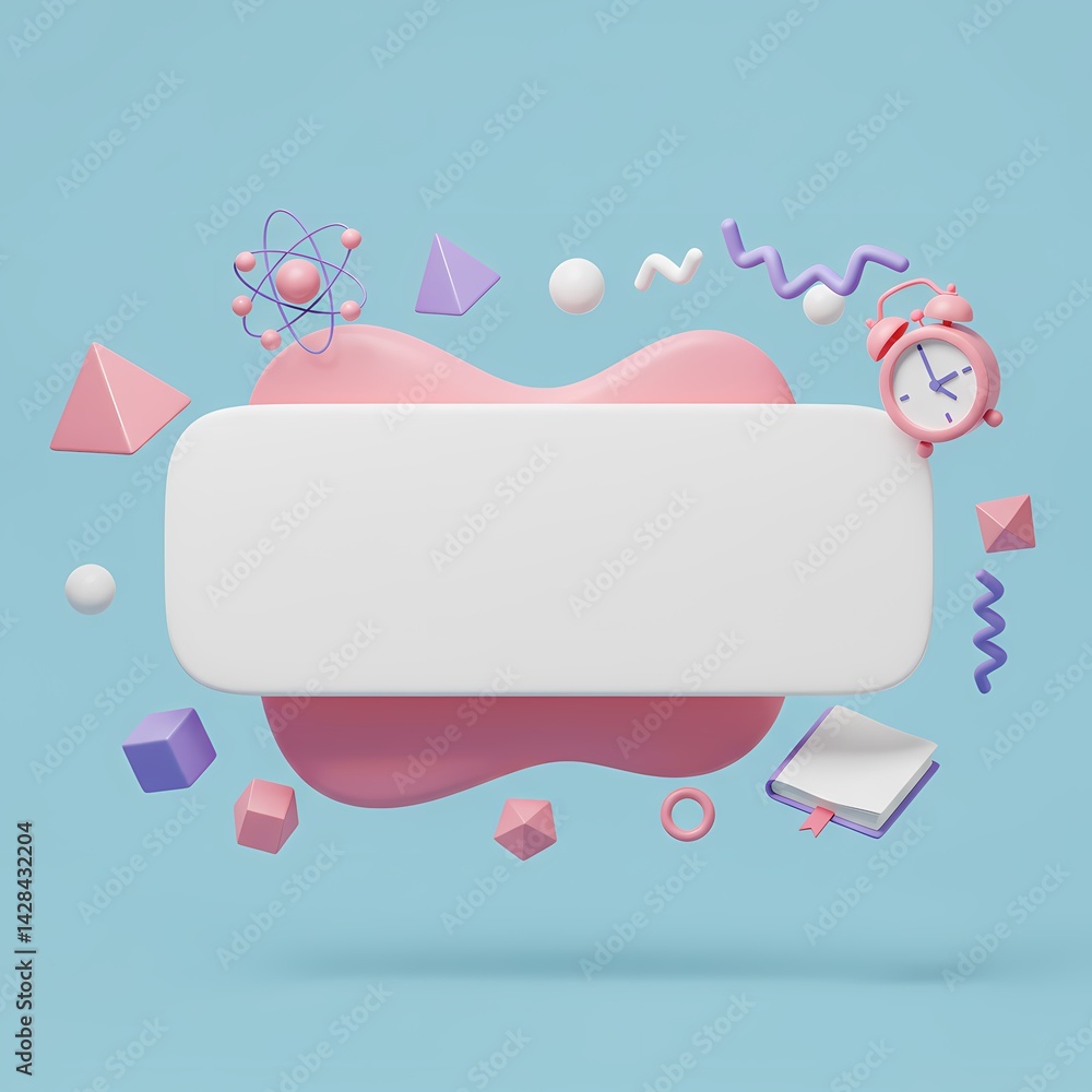 Poster 3d rendering with a white and pink cloud, surrounded by various geometric shapes and objects like a 