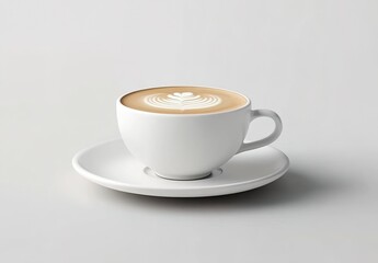 Fototapeta premium White Ceramic Coffee Cup on a pure white background, latte with floral design and matching cup and saucer.
