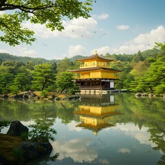 3D a serene Japanese garden with a traditional golden pavilion reflected in a calm pond.