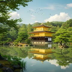 3D a serene Japanese garden with a traditional golden pavilion reflected in a calm pond.