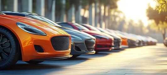 Fototapeta premium A row of white and orange modern-style cars was parked on the sunlit pavement.