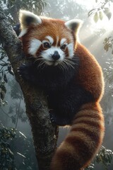 Fototapeta premium A small red panda clings to the trunk of a tree