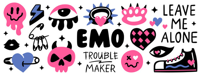 Cute hand-drawn colored emo stickers, tattoo art elements and phrases. Creepy love doodle concept set. Vector illustration.