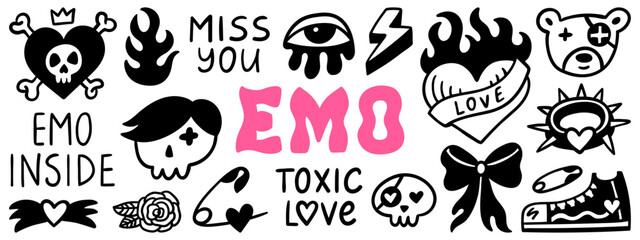 Cute hand-drawn emo stickers, tattoo art elements and phrases. Creepy love doodle concept set. Vector illustration.