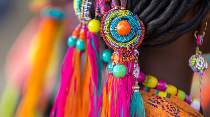 Atmosphere of Wangala Festival in Garo village, dancers wearing brightly colored traditional clothes with headbands and jewelry. AI generated images.