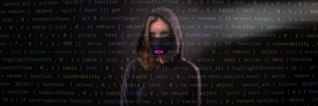 Cyber attack mdr text in foreground screen, Anonymous hacker hidden in the blurred background. Vulnerability text in binary system ascii art style, code on editor screen. Text in English