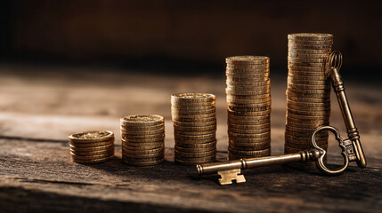 Stacks of golden coins ascending in size, two antique keys rest in front, on rustic wood background symbolizing financial growth, wealth, and opportunity