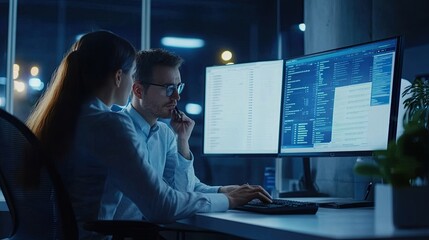 Collaborative coding: programmers analyzing code lines at night office setting